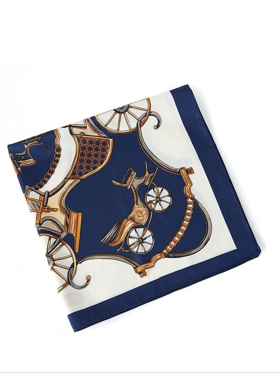 Accessories - 100% Silk Scarf 35"x72" In Navy And White with Gold Equestrian Print